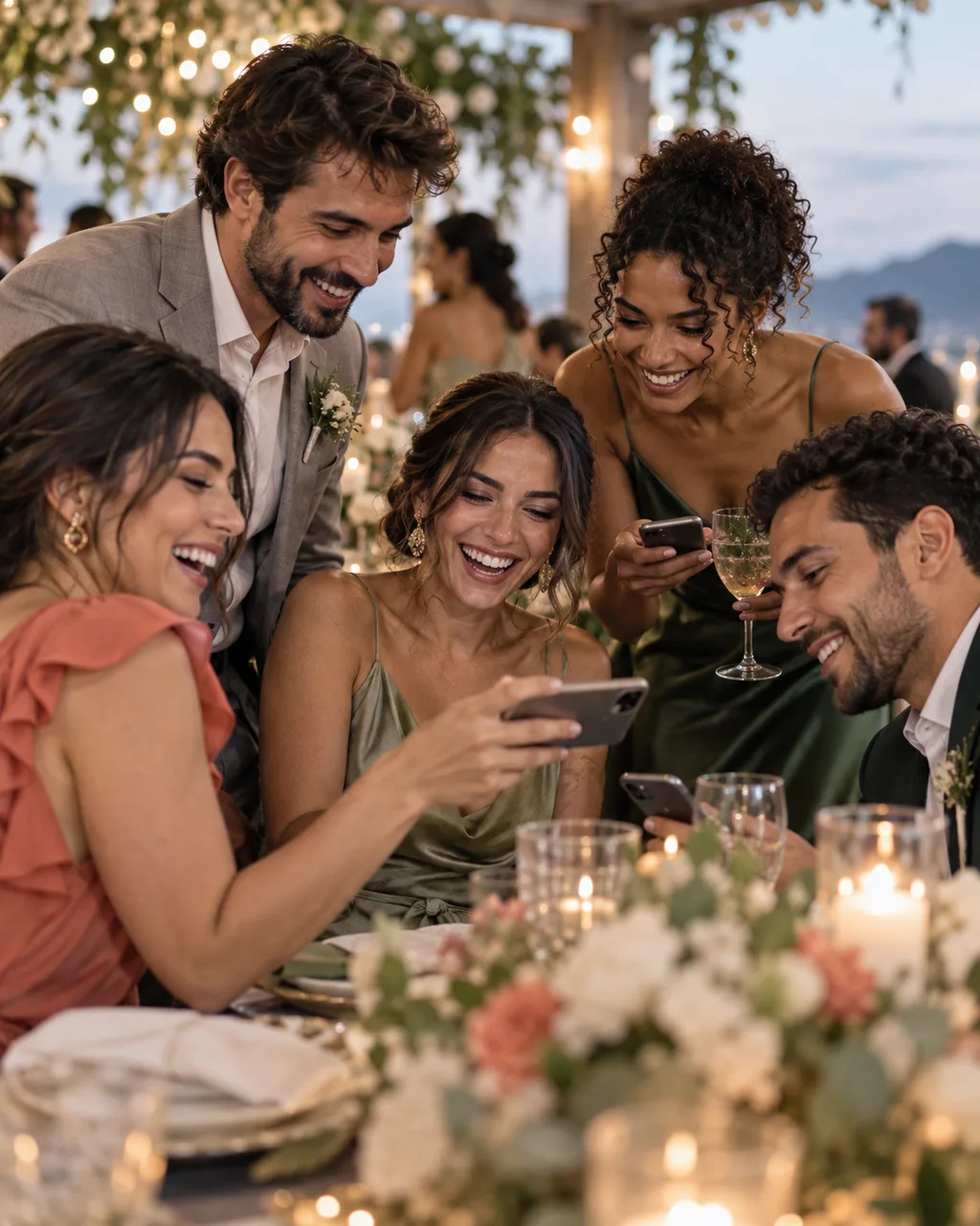 Convidados compartilhando fotos durante uma festa de casamento